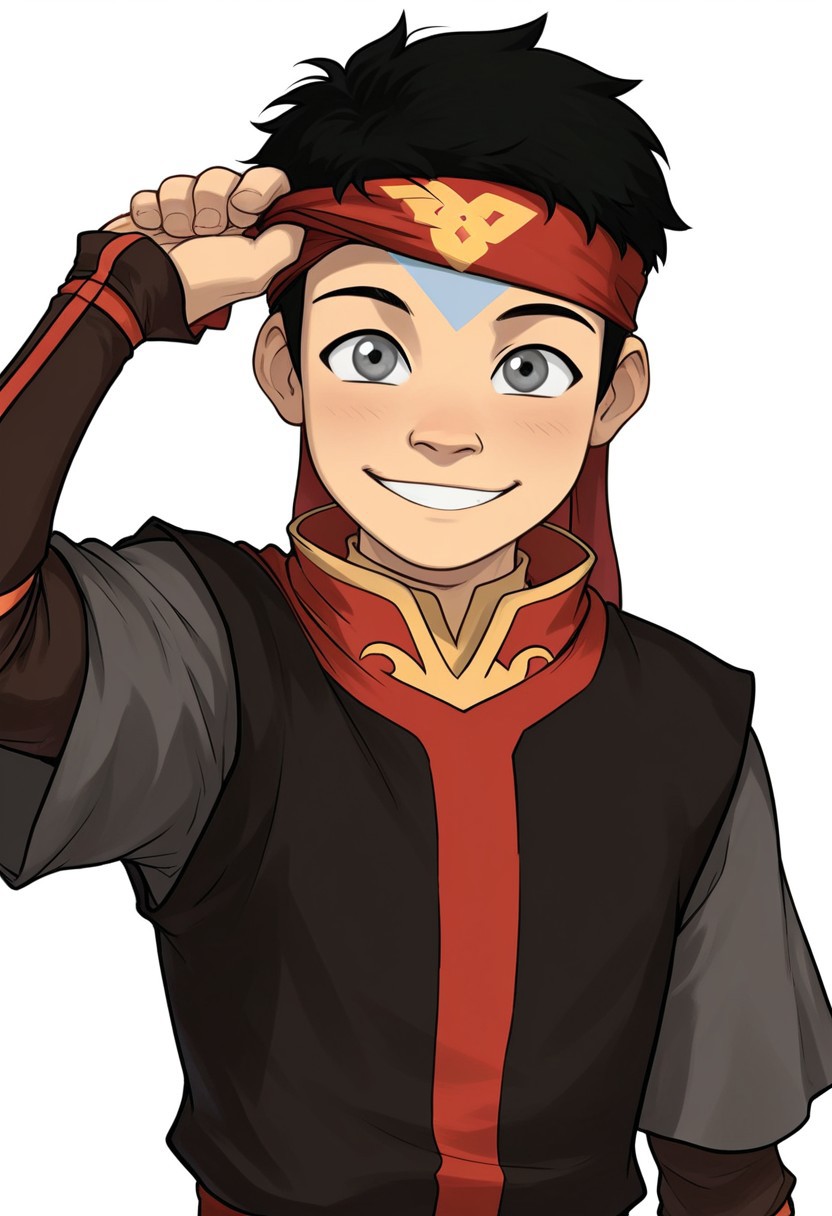 masterpiece, absurdres, high quality, perfect anatomy, 1boy, solo, cute boy, male focus, smiling, Aang, Grey Eyes, Blue Facial Marking, Blue Tattoo On Forehead, black hair, short hair, Fire Nation Uniform, Red Headband, Black Tunic over Grey Shirt, Black Sleeves, white background, simple background, maskLiftConcept, finger under headband, lifting headband