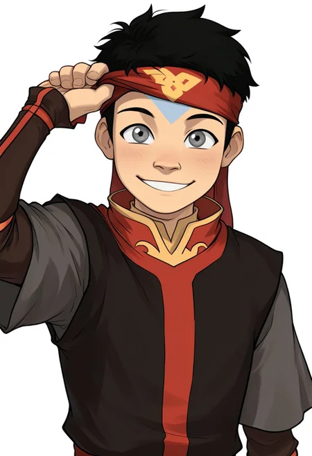 masterpiece, absurdres, high quality, perfect anatomy, 1boy, solo, cute boy, male focus, smiling, Aang, Grey Eyes, Blue Facial Marking, Blue Tattoo On Forehead, black hair, short hair, Fire Nation Uniform, Red Headband, Black Tunic over Grey Shirt, Black Sleeves, white background, simple background, maskLiftConcept, finger under headband, lifting headband