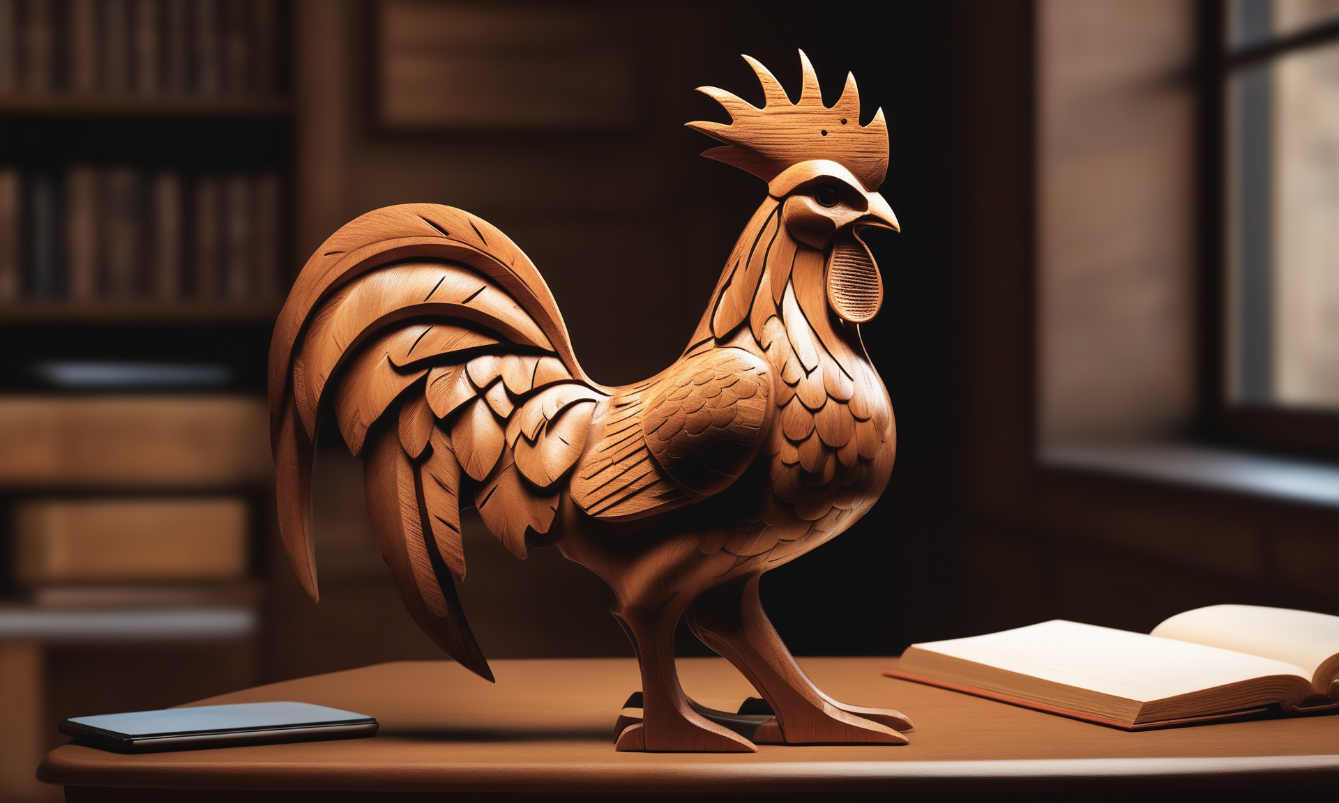 <lora:woodcarvingcd_xl-000005:0.8>,a statue of a cock made of wooden in office scene,woodcarvingcd_xl,wood carving,indoors,chinese zodiac,wooden table,cutie,cute,still life,animal statue,front view,facing viewer,looking at viewer,(Unbelievable Digital Artwork:1.3),fine art,CGSociety,ArtStation,master works, emotional, harmonious, high budget, moody, epic, gorgeous, perfect lighting, realistic, photorealistic, photographic, photo (medium),real, moody lighting, volumetric lighting, reality ray tracing, 8K, HDR, UHD, masterpiece, best quality, highly detailed, high resolution, finely detail, extremely detailed, ultra detailed, wallpaper