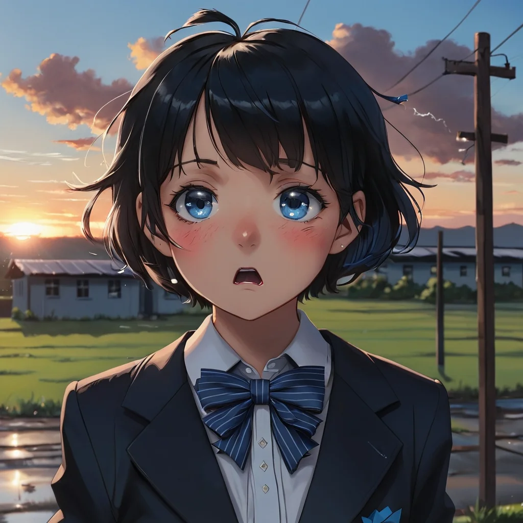 1girl,solo,looking at viewer,short hair,open mouth,bangs,blue eyes,shirt,black hair,bow,school uniform,jacket,white shirt,upper body,outdoors,sky,collared shirt,cloud,tears,bowtie,blue bow,blazer,crying,crying with eyes open,sunset,striped bow,blue bowtie,power lines,striped bowtie,utility pole
<lora:low_key_lights_XL:0.6>