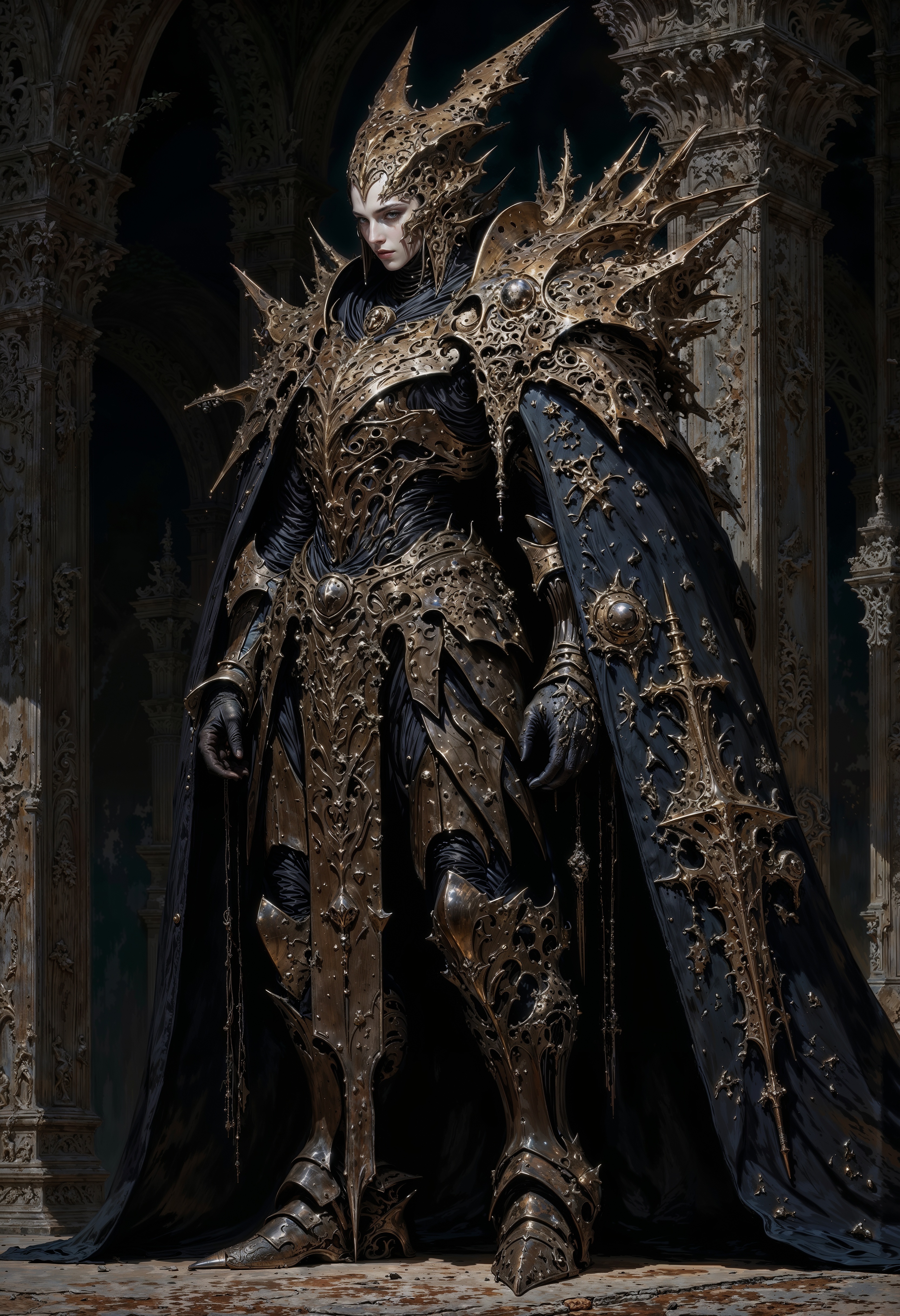 a futuristic, armored female warrior standing in a dramatic pose. She is wearing a large, intricate suit of armor with dark metallic tones and ornate details, including skull motifs and chains. Her face is partially visible, with pale skin and a stern expression, framed by a hood. The armor is adorned with various religious symbols, including crosses. The background is a dimly lit, gothic architectural setting with towering columns and arches. The overall atmosphere is dark and atmospheric, emphasizing a blend of science fiction and fantasy elements. detailed, textural, artistic, aesthetic, intricate details, highly detailed, vivid, vibrant, mythp0rt, DB4RZ, DB4RZ style painting <lora:FLUX-daubrez-DB4RZ-v2:0.5> <lora:FluxMythP0rtr4itStyle:0.7> <lora:Elden_Ring_-_Yoshitaka_Amano:0.7> <lora:flux.1_lora_flyway_Epic-detail_v2:0.65> <lora:DarkCore:0.7>
