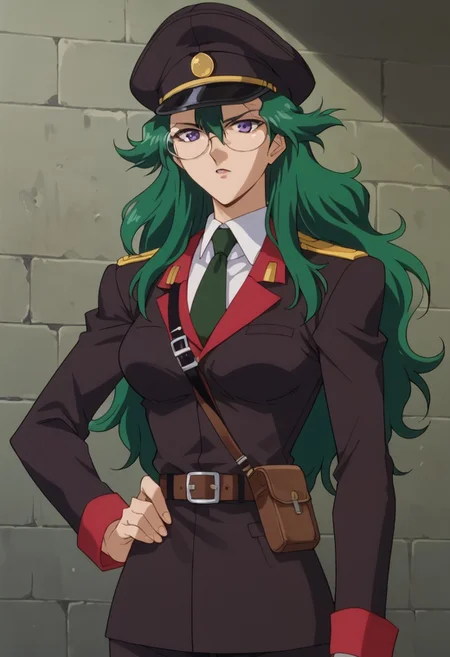 Score_9_up, score_8_up, score_7_up, 1990s, anime screencap, BREAK 1girl, solo, natzabi, long hair, green hair, hair between eyes, Glasses, purple eyes, breasts, military uniform, tie, military cap, pants, Belt,