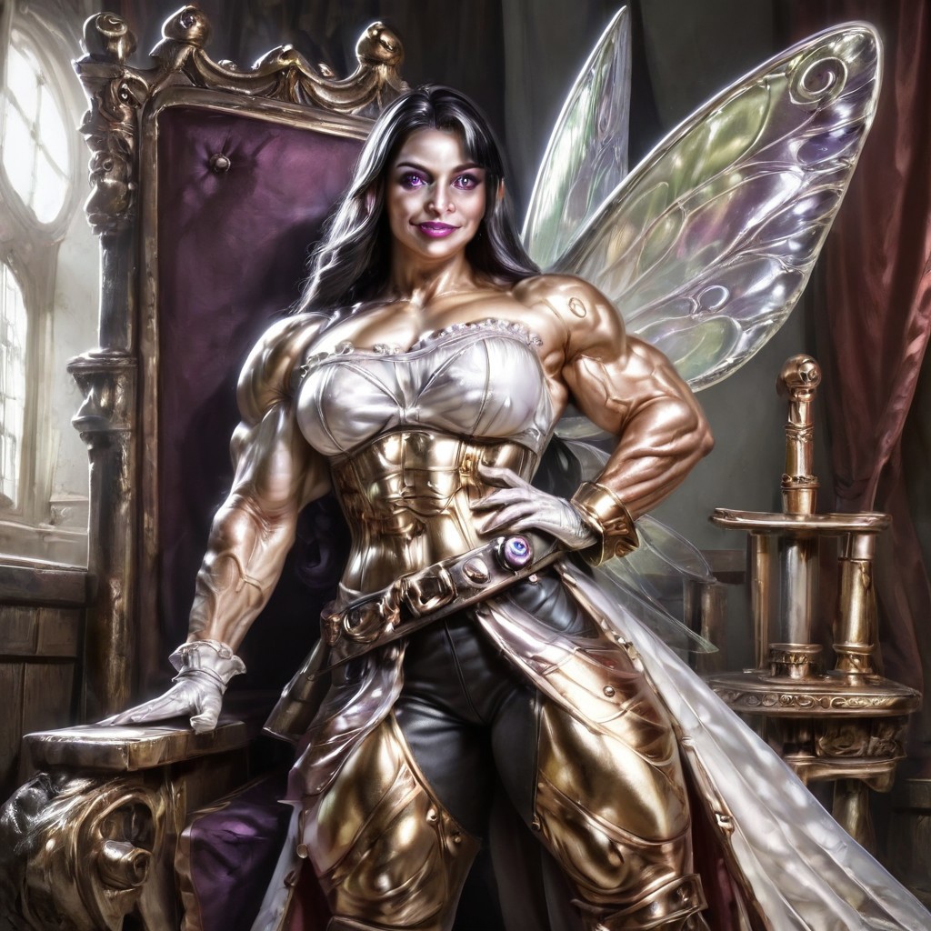 Action scene, Photo realistic, hyper realistic, score_9, rating_safe, solo (arch fey woman, (beautiful detailed face), (violet eyes), (bronze metallic gold skin ral-polishedsteel), (pirate, white blouse, black pants, gloves), (fairy wings), (long black hair), (thick thighs | large muscles), (sword belt)), standing next to a throne, in a detailed throne room, hi res, hi quality, 4k, realism