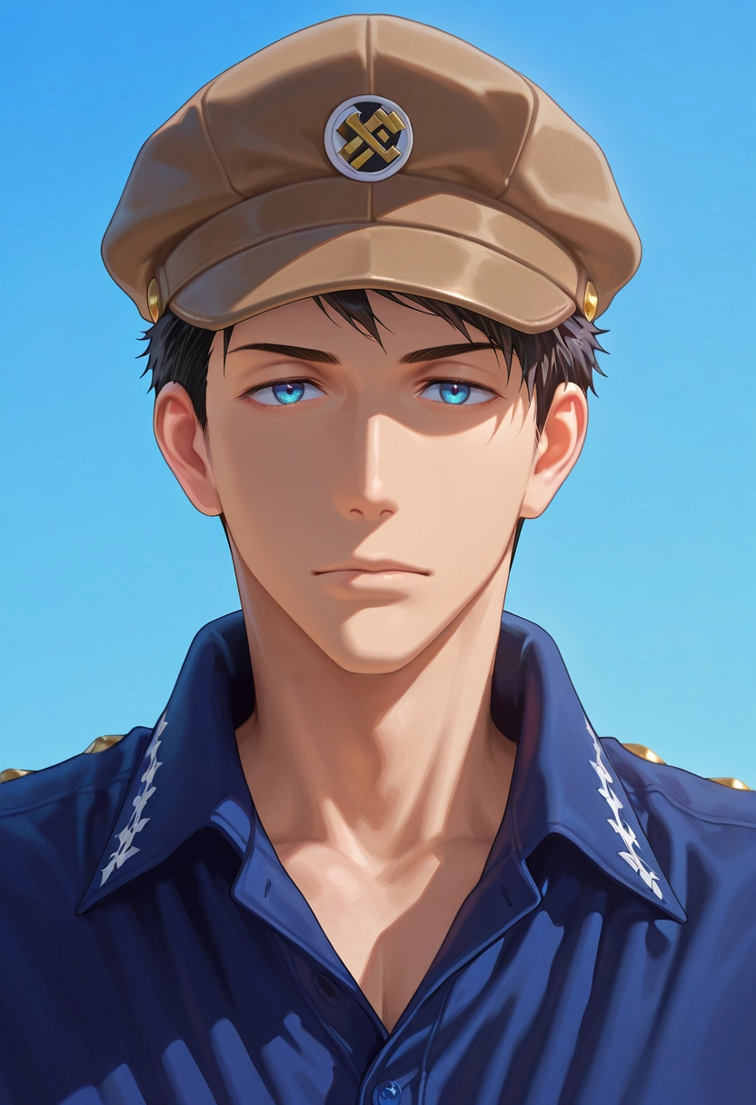 masterpiece, best quality, intricate details, (photorealistic:0.6), looking at viewer, 1boy, solo, male focus, <lora:sousuke_yamazaki_ilxl:1>, sousuke_yamazaki, black hair, blue eyes, short hair, , , newsboy cap