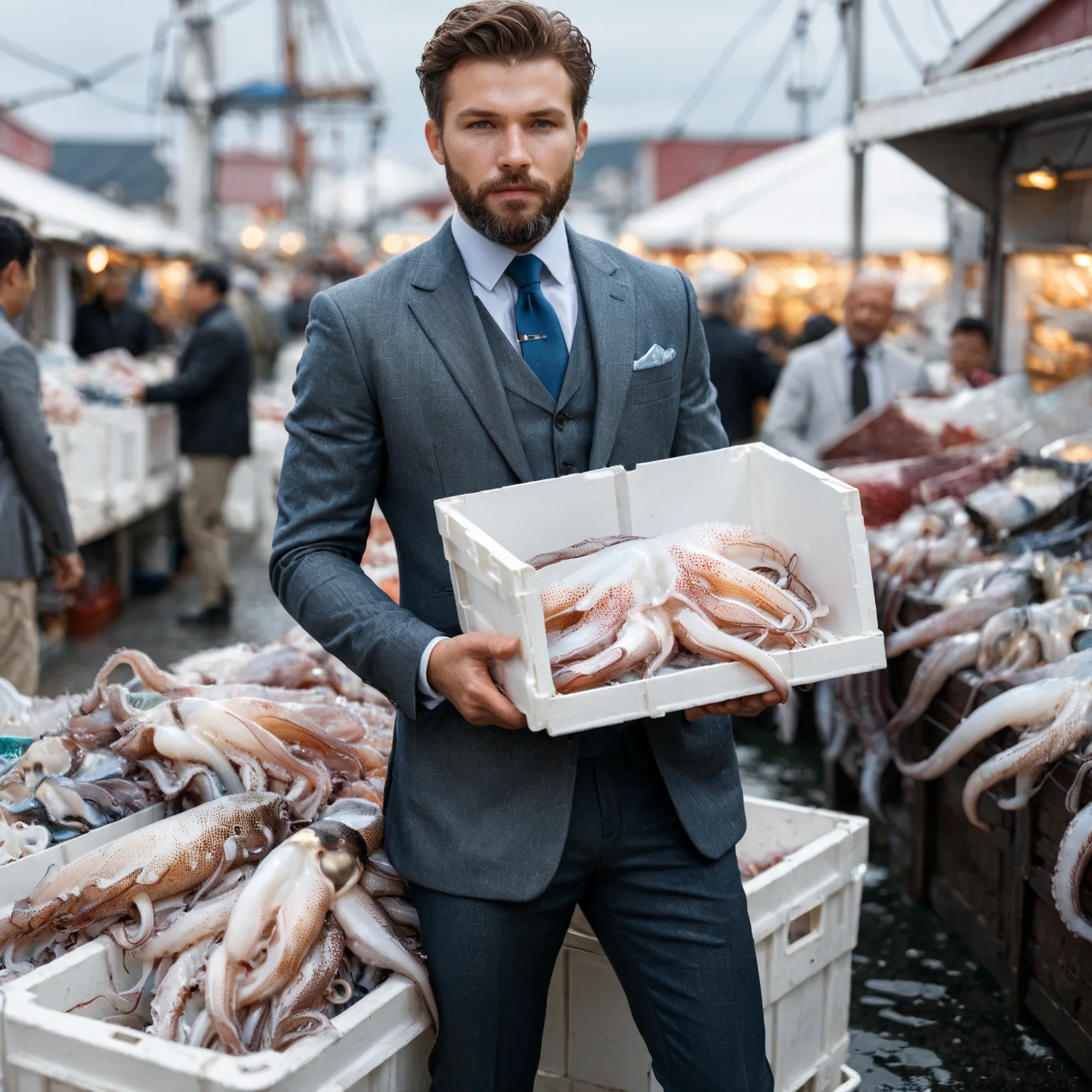 RAW photo, exterior photo, full body shot from the front of a beautiful man with a beard in a grey suite, he stands at a fish market full of dead squid and octopus in white boxes, full sharp, detailed face, visible feet, blue eyes, (high detailed skin:1.2), 8k uhd, dslr, soft lighting, high quality, film grain, Fujifilm XT <lora:polyhedron_tentacles-000005:1>
focus on eyes, spotted light on his face, face towards sun, light on face, sun on face, backlit, rim light, focus on eyes, clear eyes, shiny eyes, glittering eyes, light reflections in his eyes, winter white skin, pale skin, dry skin, clear skin, oiled shiny skin, blush, flushed cheeks, visible skin detail, skin pores, imperfect skin, skin blemish, few freckles, skin fuzz, beauty spot, moles <lora:polyhedron_all_sdxl-000004:0.1>
((background is an old fisher town))