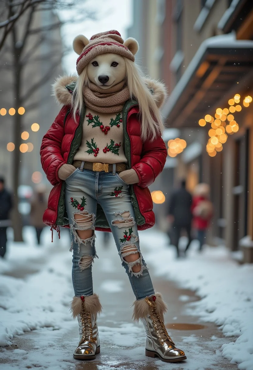 A beautiful christmas polar bear with long ears is wearing a stylish puffy winter jacket paired with distressed denim jeans and a turtleneck sweater adorned with embroidered holly leaves and berries. The look is accessorized with a frilly scarf, a gold-accented belt, and metallic boots for a festive yet urban vibe. She poses out doors during a snowstorm. falling snow, christmas lights, rosy cheeks. pretty eyes