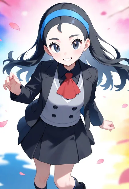 2d, masterpiece, best quality, amazing quality, close-up, standing, parted lips, smile, looking at viewer, colorful background, sakura petals, multicolored background, color splashes, ex colors, blue hairband, black jacket,open jacket,black shirt,collared shirt,long sleeves,light grey vest,buttons,red ascot,black skirt,black socks,kneehighs,loafers,black footwear, 1girl, solo, senpai, long hair, black hair, black eyes