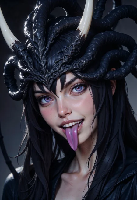 a highly detailed CGI image of a young woman with pale skin and striking violet eyes. She has long, black, glossy hair that appears wet and slicked back, with some strands falling over her face. Her expression is playful, with a wide, mischievous smile revealing sharp, white teeth. She has a long, purple tongue extended out of her mouth. Her eyes are large and almond-shaped, giving her an otherworldly appearance. She is adorned with a dark, ornate headdress that resembles a crown made of twisted, black, shiny material with sharp, white, horn-like protrusions. The background is dark and blurred, keeping the focus on her face and headdress. The image is shot at a close-up, slightly tilted angle, emphasizing her intense, captivating gaze and the intricate details of her headdress. The lighting is dramatic, highlighting her face and the glossy texture of her hair and headdress. The overall style is highly realistic with a touch of fantasy, creating a surreal and somewhat menacing yet intriguing visual effect.