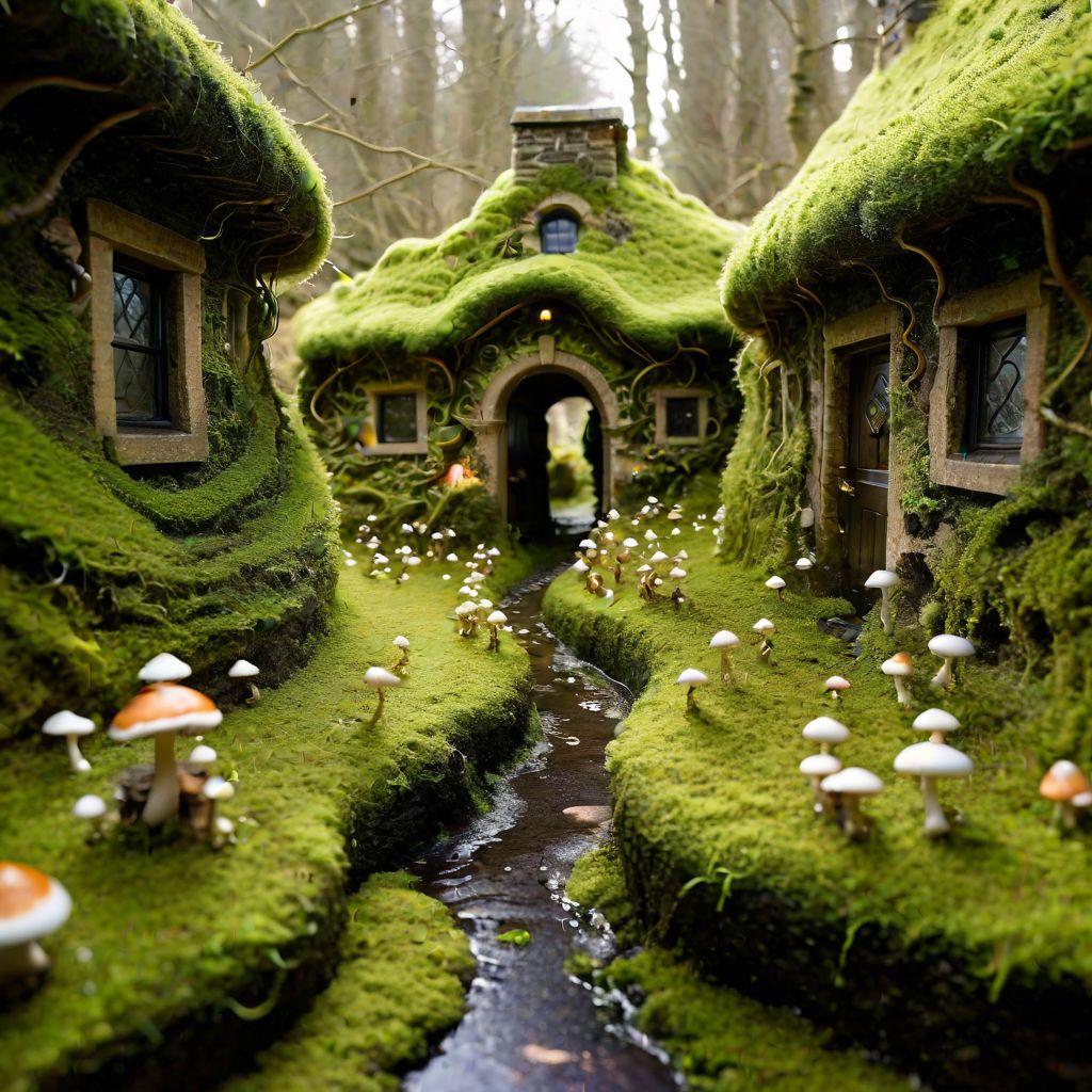 double exposure, close-up of Guinness foam, (intricate swirls:1.2), (hidden passage:1.3), (leprechauns:1.2), tiny figures, (fairies flitting about:1.2), glowing mushrooms, miniature cottages, mossy pathways, otherworldly light