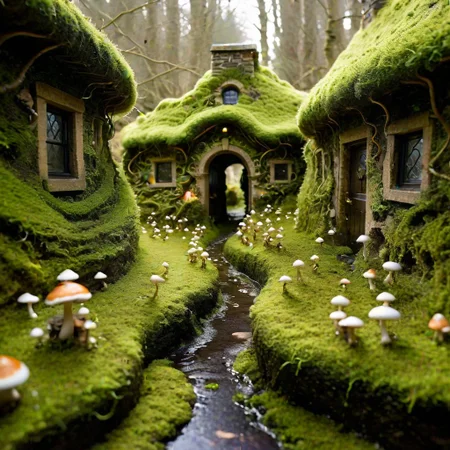 double exposure, close-up of Guinness foam, (intricate swirls:1.2), (hidden passage:1.3), (leprechauns:1.2), tiny figures, (fairies flitting about:1.2), glowing mushrooms, miniature cottages, mossy pathways, otherworldly light