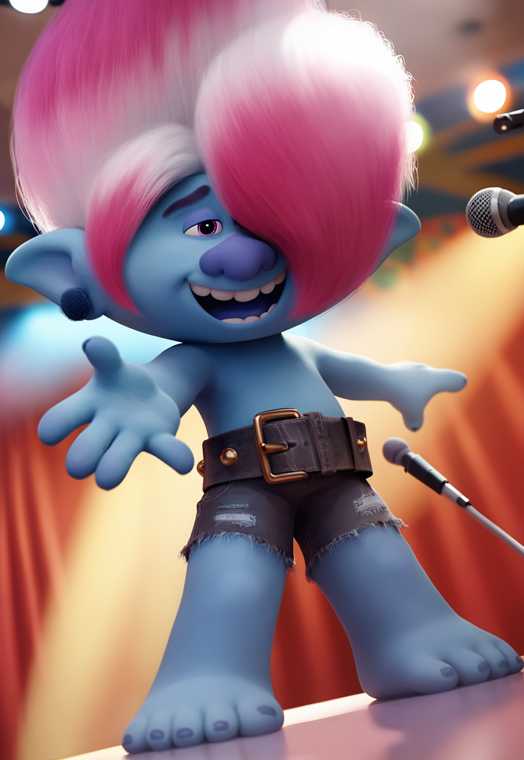 score_9, score_8_up, score_7_up, score_6_up, score_5_up, score_4_up zPDXL , light effects, high quality, disney art style, <lora:PDXL_artist_tags_v2_big:0.8>,by braeburned,
BREAK,
<lora:Floyd-Pony-000006:0.8>,floydbrozone, colored skin, 1boy, solo, male, blue skin, pink hair, solo, hair over one eye, afro, pointy ears, full body, shortstack, belt, shorts, male focus,
BREAK,
 (high angle:1),(low angle:1),singing, microphone,dancing,stage,live concert,