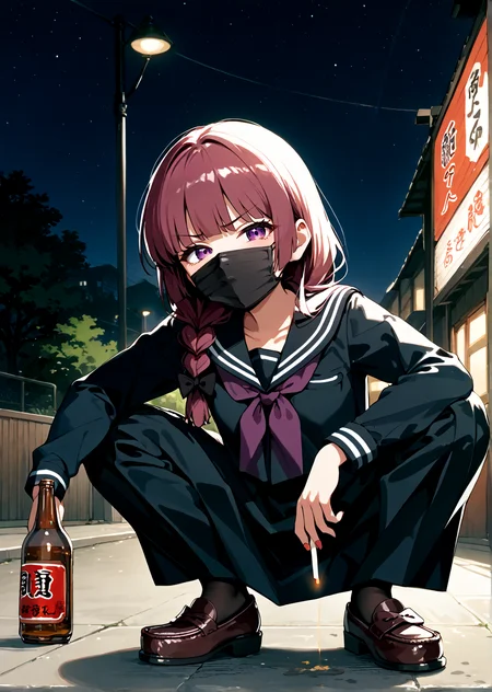 score_9,score_8_up,score_7_up,score_6_up,score_5_up,score_4_up,source_anime,best quality,masterpiece,
<lora:bocchi_hiroi_ponyXL:1>,hiroi kikuri,
1girl,solo,single braid,hair over shoulder,hair bow,purple eyes,open eyes,mouth mask,black mask,beer bottle,holding cigarette,
black serafuku,long sleeves,long skirt,loafers,
outdoors,front view,night,
<lora:slav_squatting_pony_v1:1>,slav_squatting,squatting,
looking at viewer,half-closed eyes,angry,frown,glaring,pov,