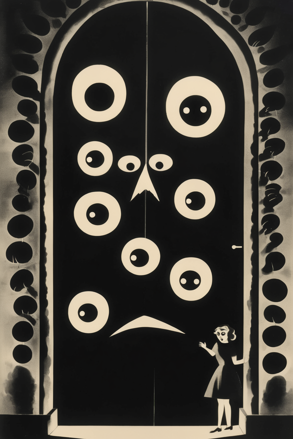 <lora:Lotte Reinige Style:1>Lotte Reinige Style - animation of entrance door as face with eyes, with bomb bullet stuck in one of them Lotte Reiniger