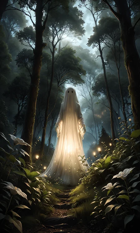 Charming ghost, photorealistic, woodland scene, detailed plants, dim lighting, whimsical ambiance, ultra-high resolution, natural colors, cinematic shot, close-up view, medium shot, wide-angle view, low-angle shot, high-angle shot, expressive eyes, smooth textures, gentle glow, magical atmosphere, balanced composition, dynamic flow, peaceful vibe, enchanted forest,
<lora:zavy-cntrst-sdxl:1> dark, chiaroscuro, low-key <lora:SDXLHighDetail_v5:1> <lora:dark_weather:1>