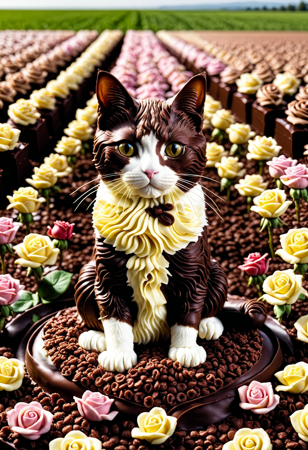 a photorealistic picture of a Cat made of chocolate sitting in a chocolate and cereal rose field ,Jed-ChocoC ,chocolate, cereals <lora:SDXLFaeTastic2400:0.5> <lora:ChocoCerealStyle:0.4>
