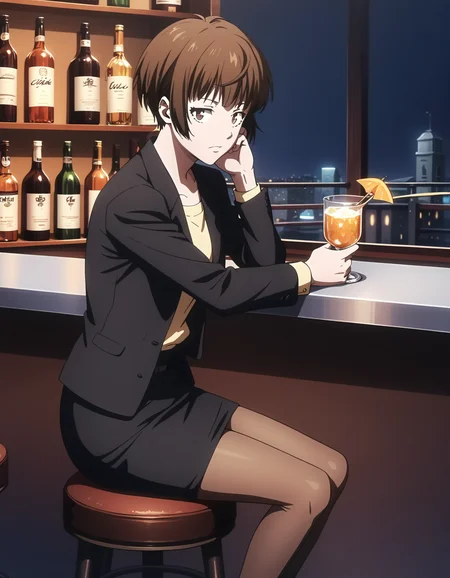 score_9, score_8_up, score_7_up, <lora:Tsunemori_Akane:0.9> tsunemori akaneBB,brown eyes,brown hair,short hair,black jacket,formal,suit,pencil skirt,pantyhose
1girl, solo, bar stool, sitting, from side, looking at viewer, counter, drinking glass, ice cube, thinking, dim lighting, night