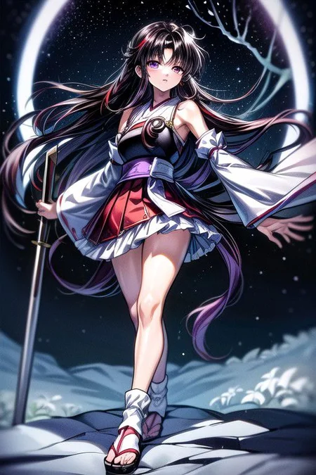 masterpiece, best quality 1girl Setsun4 solo long hair, (night time) forest background black hair very long hair purple eyes multicolored hair armor (fur trim) (medium body),<lora:EMS-179-EMS:0.800000>,<lora:EMS-293862-EMS:0.800000>ascot, bare shoulders, black footwear, detached sleeves, embellished costume, frills, japanese clothes, nontraditional miko, red skirt, sandals, sarashi, skirt, socks, armor, miko