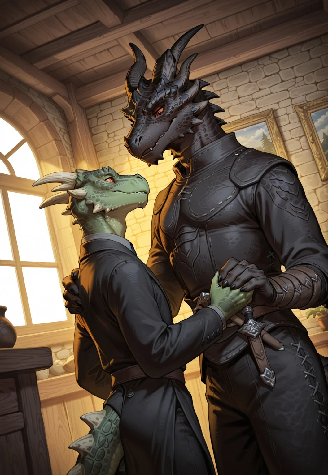 official art,very awa,konya karasue,(ciloranko:0.6), duo, 2boys, (alduin_skyrim, furry male, dragon, black scales, horns, tail, red sclera, black slit pupils, 1boy), holding hands, half body, looking at other, (detailed eyes:1.2, nice eyes,), (flat colors:1.4), inside, indoors, bedroom BREAK (arg0nian, 1boy, green scales, male), couple, gay, male/male, holding hands, looking at each other, clothed, size difference, romantic couple, (dutch angle:1.3)
