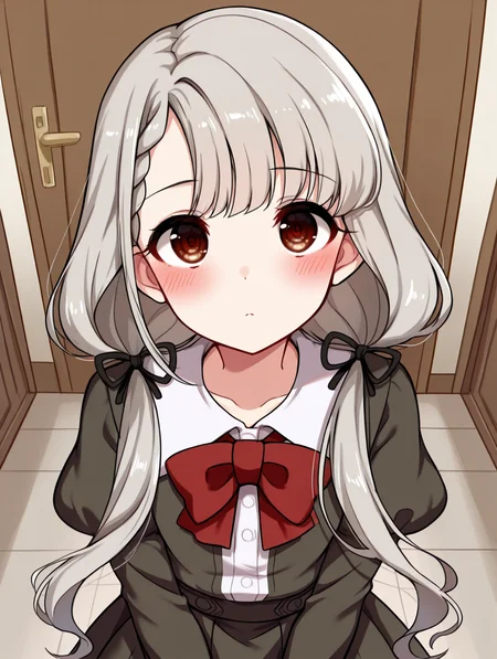 masterpiece,best quality,very aesthetic,absurdres,highres,newest,
hskwng school,hisakawa nagi,
asymmetrical bangs,bow,bowtie,braid,braided bangs,grey hair,hair ribbon,
juliet sleeves,long hair,long sleeves,puffy sleeves,red bow,red bowtie,
twintails,black ribbon,blush,brown eyes,collared shirt,
dress shirt,low twintails,shirt,skirt,white shirt,
black jacket,black skirt,black dress,
dress,
eyebrows visible through hair,
eye_focus,<lora:eye_focus:1>,
<lora:idolmaster_hisakawa_nagi_school_ill_v1.0:1>,