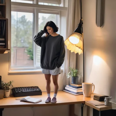 (best quality), (masterpiece), ultra-detailed, illustration, a scene involving one tiny (miniature:1.6) woman, looking at viewer, 30 year old, (huge loose oversized sweatshirt and loose shorts), wearing socks, miniature woman (standing on desk next to keyboard, lamp), living room, couch, sofa, lamp, curtains, wood floors, coffee table, side table, windows, apartment, dynamic light, combed back black hair, 8k uhd, dslr, soft lighting, high quality, film grain, Fujifilm XT3, sharp focus, F/8.0, <lora:shrunk_v1_xl:1>