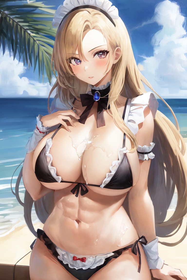 1girl, blonde hair, redeyes, long hair,no hair in front, shows the forehead, large breasts,1girl, solo, maid bikini, sky,maid headdress, lips, closed mouth, curvy, muscular female,   perfect propotions,  navel, hand on own chest,