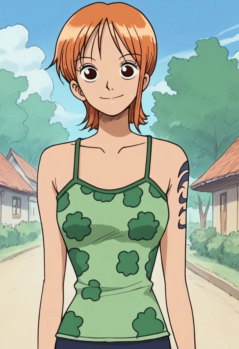 Trafitional media,bpb1 ,score_9, score_8_up, score_7_up, score_6_up, ,1girl, solo , nami,  outdoors,,  cowboy shot, smile, green shirt, arlong tattoo