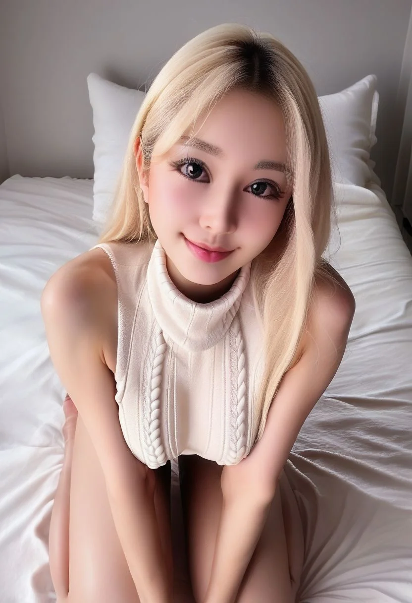 score_9, score_8_up, score_8, medium breasts, (curvy), realistic,
zzGirl, blonde hair, long hair, looking at viewer,
virgin destroyer sweater, sitting in bed, on knees, from above, smile, head tilt,
SkinHairDetail, EyeDetail