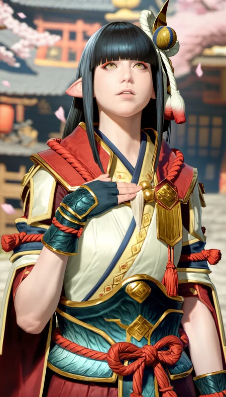 score_9,score_8_up,score_7_up,
<lora:hinoa:0.9>,
mhhinoa,
photorealistic,
1girl, solo, black hair, long hair, blunt bangs, hair ornament, yellow eyes, looking up, parted lips, pointy ears, red and white short cape, shoulder necklace, white japanese robe top, deep red undershirt, green waist armor, detached sleeves, black fingerless gloves, upper body, dynamic pose, raised left arm, right hand on chest, blurry background, outdoors, rustic village, wooden structures, blue cloth banners, cherry blossoms