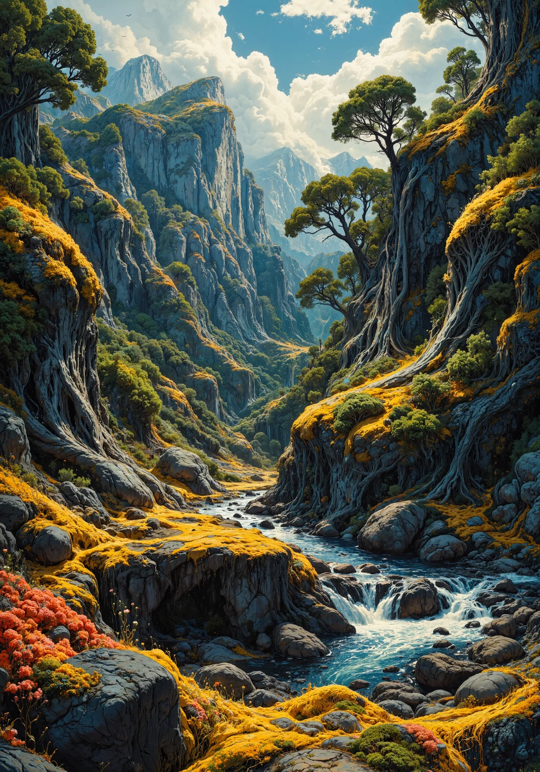 Sweeping aerial expanse, intricate desert canyons merging with misted mountain forests, lush valley vistas and rugged coastal cliffs, dramatic low-angle composition capturing colossal ancient trees and weathered stone textures, vibrant wildflower close-ups, gleaming water reflections, sublime natural gradients, atmospheric interplay of golden sunlight and cool shadows, detailed rock fissures and delicate moss textures, dynamic tracking perspective through winding river beds, vivid emerald, amber, sapphire hues, high-res 8k masterpiece, intricate spatial composition, immersive environmental ambience, natural layering, serene subtle luminescence. <lora:RM_Artistify_v1.0M:0.6> <lora:openart_Surreal_Anime_III_20250104_025344:0.7> <lora:flux_vividizer:0.7> <lora:flux_dev:1>