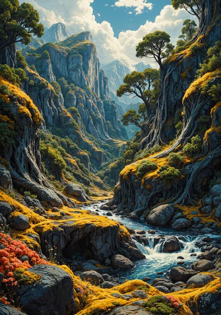 Sweeping aerial expanse, intricate desert canyons merging with misted mountain forests, lush valley vistas and rugged coastal cliffs, dramatic low-angle composition capturing colossal ancient trees and weathered stone textures, vibrant wildflower close-ups, gleaming water reflections, sublime natural gradients, atmospheric interplay of golden sunlight and cool shadows, detailed rock fissures and delicate moss textures, dynamic tracking perspective through winding river beds, vivid emerald, amber, sapphire hues, high-res 8k masterpiece, intricate spatial composition, immersive environmental ambience, natural layering, serene subtle luminescence. <lora:RM_Artistify_v1.0M:0.6> <lora:openart_Surreal_Anime_III_20250104_025344:0.7> <lora:flux_vividizer:0.7> <lora:flux_dev:1>