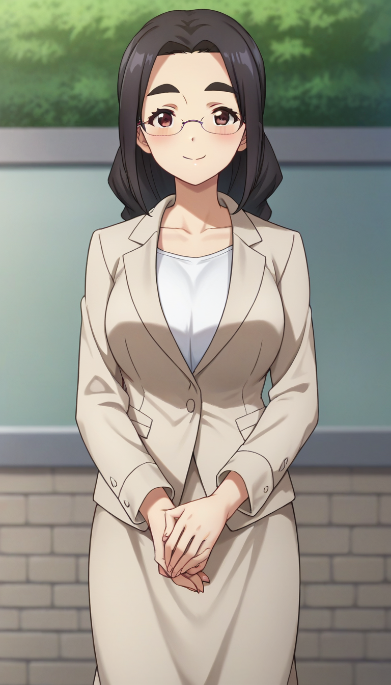score_9,score_8_up,masterpiece,best quality,correct anatomy,anime_source,1girl,solo,perfect eyes,perfect arms,perfect legs,perfect face,outdoors,upper body,(portrait:1.5),looking at viewer,facing viewer,smile,blush,Miki Morishita,black hair,long hair,braid,forehead,thick eyebrows,brown eyes,rimless eyewear,collarbone,business suit,beige jacket,white shirt,large breasts,skirt suit,beige skirt,white socks,high heels,beige footwear,<lora:Miki Morishita(bnr)-Pony:1.4>,