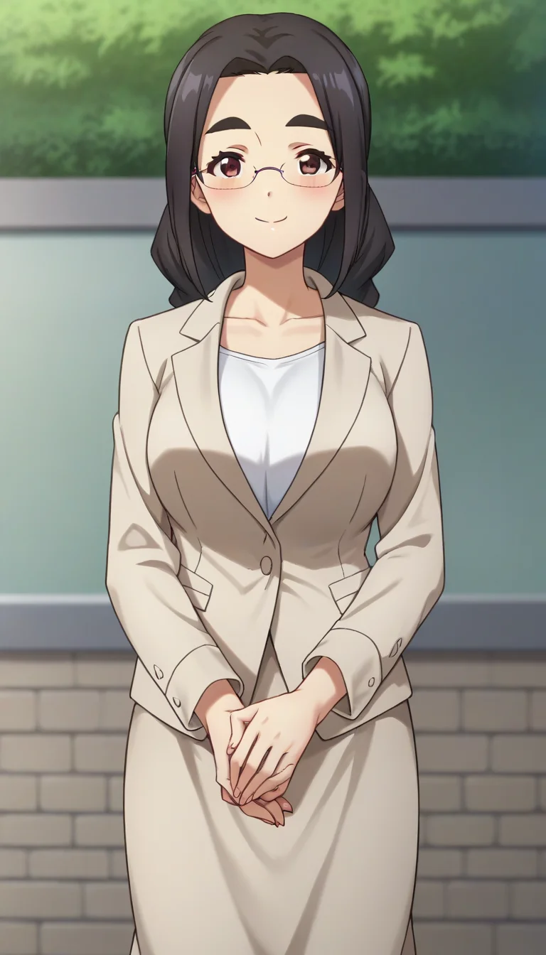 score_9,score_8_up,masterpiece,best quality,correct anatomy,anime_source,1girl,solo,perfect eyes,perfect arms,perfect legs,perfect face,outdoors,upper body,(portrait:1.5),looking at viewer,facing viewer,smile,blush,Miki Morishita,black hair,long hair,braid,forehead,thick eyebrows,brown eyes,rimless eyewear,collarbone,business suit,beige jacket,white shirt,large breasts,skirt suit,beige skirt,white socks,high heels,beige footwear,<lora:Miki Morishita(bnr)-Pony:1.4>,