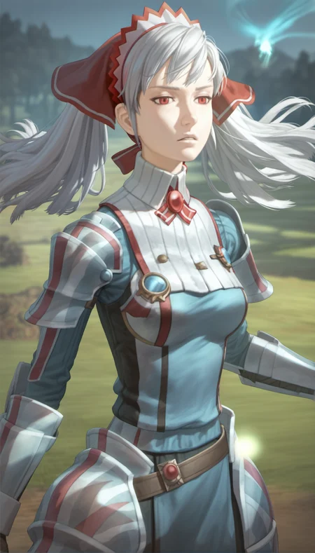 score_9,score_8_up,score_7_up,
<lora:aliciamelchiott:0.9>,
aliciamelchiot,
awakened valkyria,
realistic,
1girl,solo,
white hair,twintails,bouncing hair,
red eyes,half-closed eyes,parted lips,
headdress,military uniform,white collar,red badge,armor,
armor,glowing,
blurry background,bloom,lights particle,outdoors,countryside,vignetting,particle effects,lens flare,