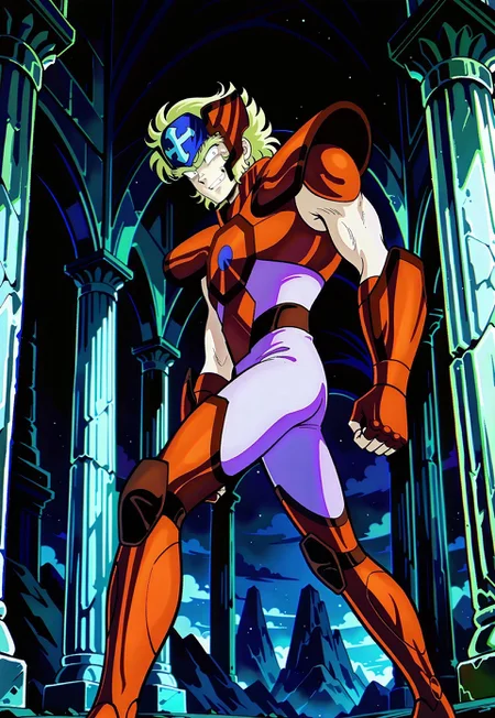 masterpiece,best quality,amazing quality, cruchrilxl learning against a pillar, 1boy, muscular, toned male, wavy hair, blonde hair, cross circlet, red breastplate, red pauldrons, red vambraces, red fingerless gloves, light violet undershirt, light violet pants, red thighhigh greaves, unibrow, dilated pupils, full body, looking at viewer, pillar, mountain backdrop, gloomy sky, smirk, evil, teeth, side view, from side, from below