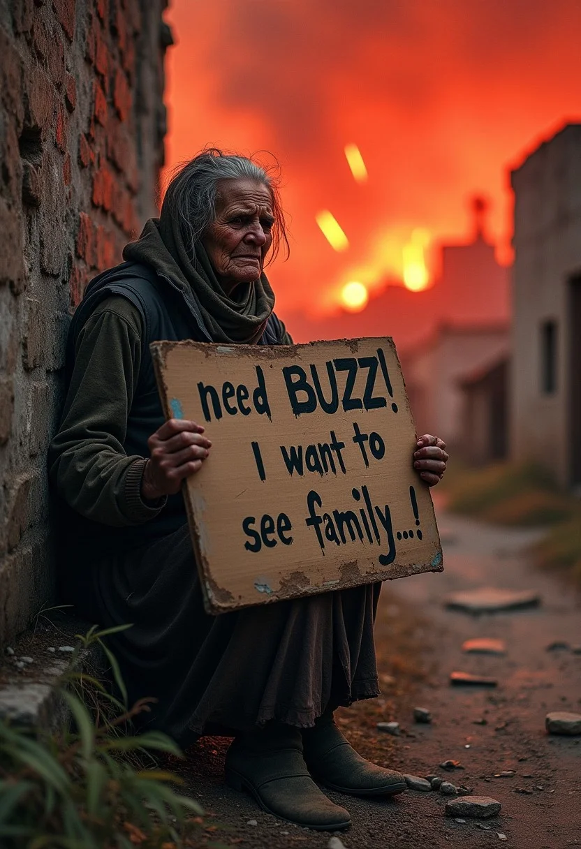 intricate details, finely detailed, <lora:Add Detail:0.4>, (masterpiece), best quality, high resolution, highly detailed, detailed background, ((old blind woman in rags holding a sign that says "I need BUZZ ! I want to see my family ...")), (desperate look)), ((in tears)), rags, torn clothes, apocalypse, red sky with meteors, village ravaged by flames, explosions, sitting against an old ruined wall