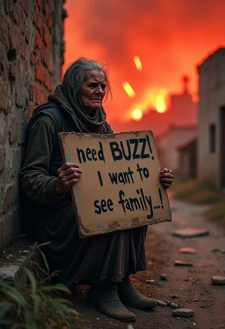 intricate details, finely detailed, <lora:Add Detail:0.4>, (masterpiece), best quality, high resolution, highly detailed, detailed background, ((old blind woman in rags holding a sign that says "I need BUZZ ! I want to see my family ...")), (desperate look)), ((in tears)), rags, torn clothes, apocalypse, red sky with meteors, village ravaged by flames, explosions, sitting against an old ruined wall