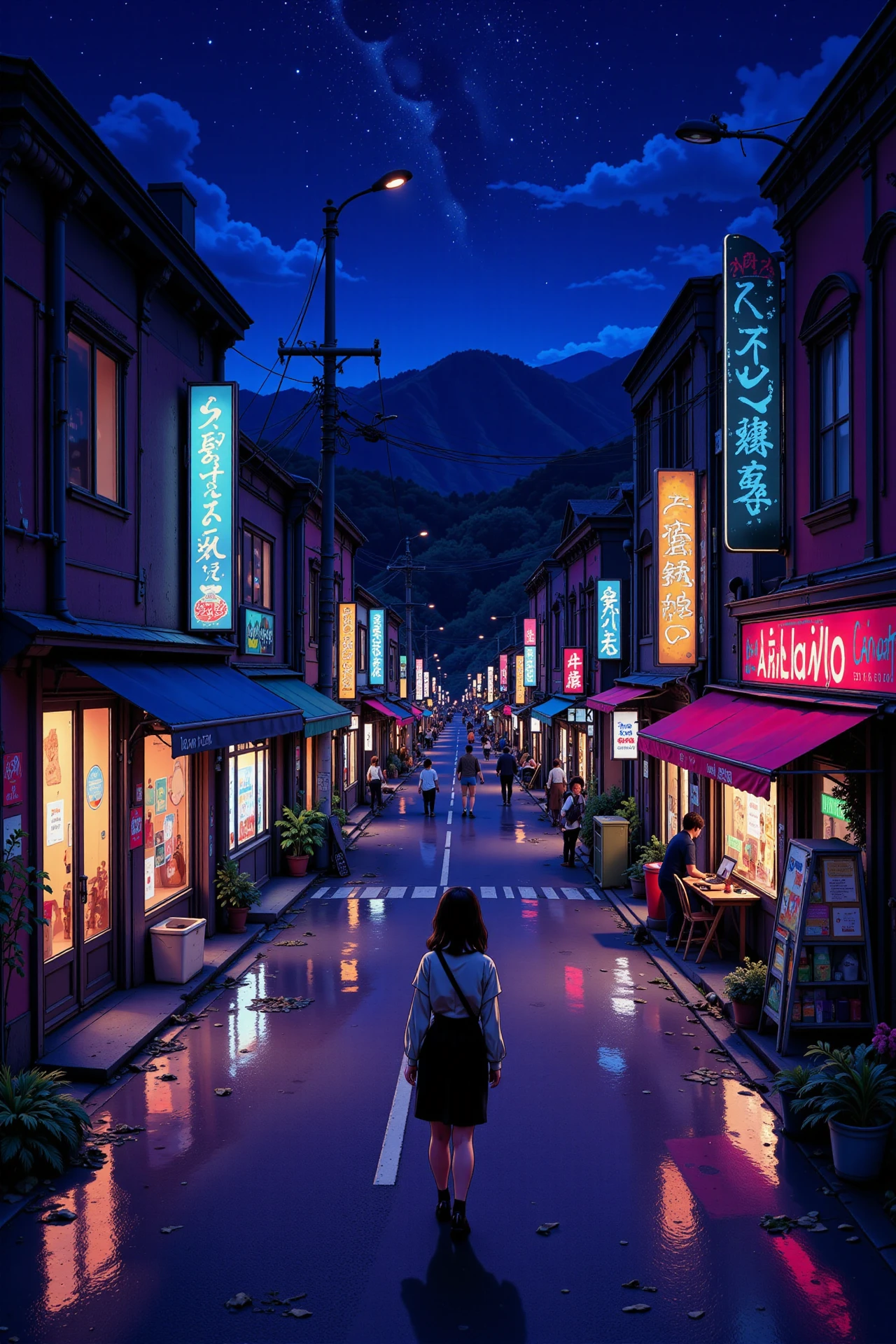 busy street with wet ground beautiful  landscape, bright luminous night, woman, very intricate, very detailed, sharp, bright, colorful, <lora:Hand v2:0.5> <lora:Anti-Blur:1><lora:Insane Detail Slider:0.25>  <lora:flux.1_lora_flyway_Epic-detail_v2:0.3> <lora:fluxenhancer:0.25>   <lora:anime_retro:1> anime_martz, anime_retro