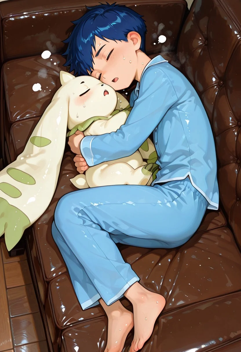artist:moriimee, 748cmstyle. {{amazing quality, best quality, high quality, very aesthetic}}, {1boy, solo, full body view}, {{HW0ng, 1boy, blue hair, blue pajamas, pajama pants, open mouth, snoring}, {flat chest}, {smaller animal, young human}}, {{terriermon}, {smaller animal}}, {{{deep skin, shiny skin, steam, sweat}}, {{age difference, bodily fluids, human with animal, interspecies, size difference}}}, sleeping, holding, holding animal, hugging, animal lying on human, snoring, lying on back, on couch, side view,