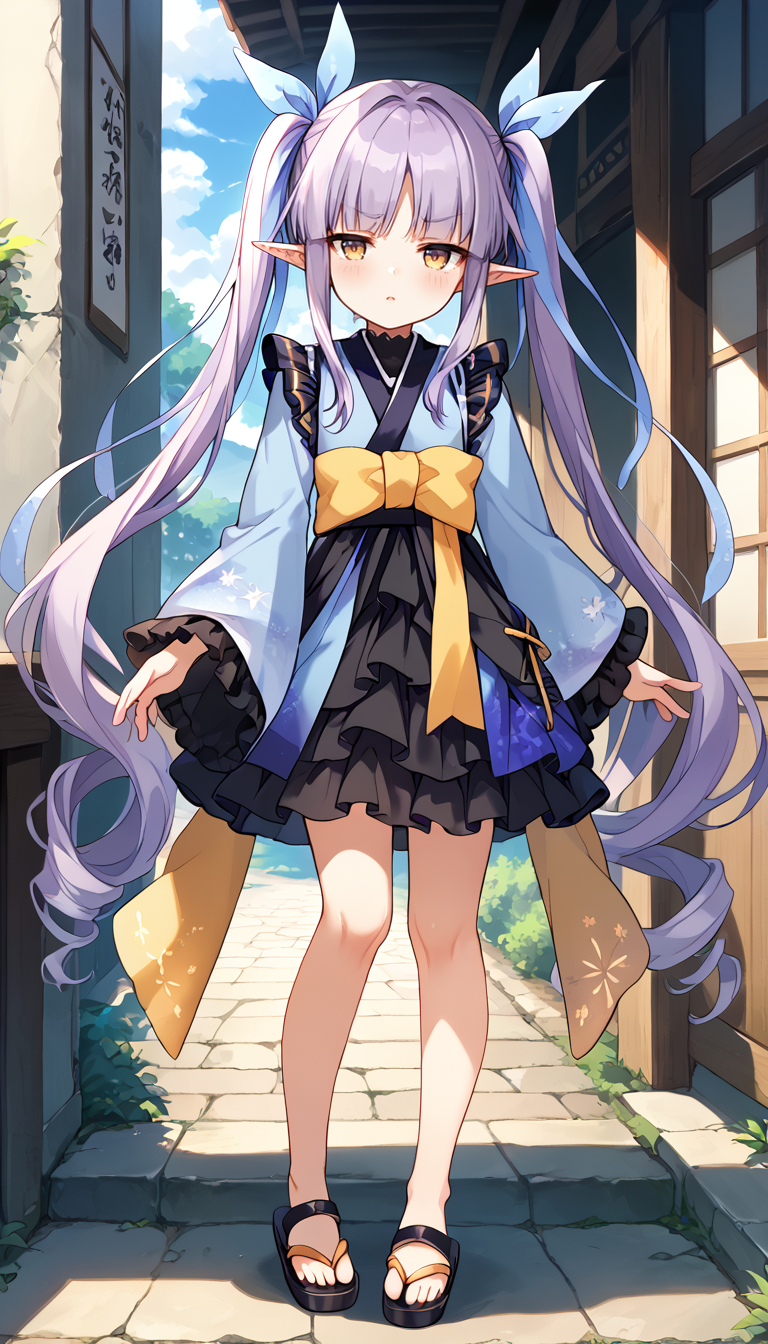 score_9,score_8_up,score_7_up,
official art,official style,game cg,megami magazine,
kyoukadef,
(black skirt:1.2),blue kimono,blue ribbon,black skirt,blush,bow,brown eyes,dress,elf,frilled sleeves,frilled skirt,
frills,hair ribbon,japanese clothes,kimono,layered skirt,long hair,long sleeves,pointy ears,purple hair,
ribbon,skirt,twintails,very long hair,wide sleeves,yellow eyes,
1girl,solo,
standing,full body,
<lora:princess_connect_kyouka_pony_v1:1>,