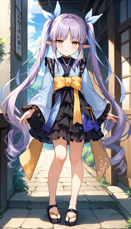 score_9,score_8_up,score_7_up,
official art,official style,game cg,megami magazine,
kyoukadef,
(black skirt:1.2),blue kimono,blue ribbon,black skirt,blush,bow,brown eyes,dress,elf,frilled sleeves,frilled skirt,
frills,hair ribbon,japanese clothes,kimono,layered skirt,long hair,long sleeves,pointy ears,purple hair,
ribbon,skirt,twintails,very long hair,wide sleeves,yellow eyes,
1girl,solo,
standing,full body,
<lora:princess_connect_kyouka_pony_v1:1>,