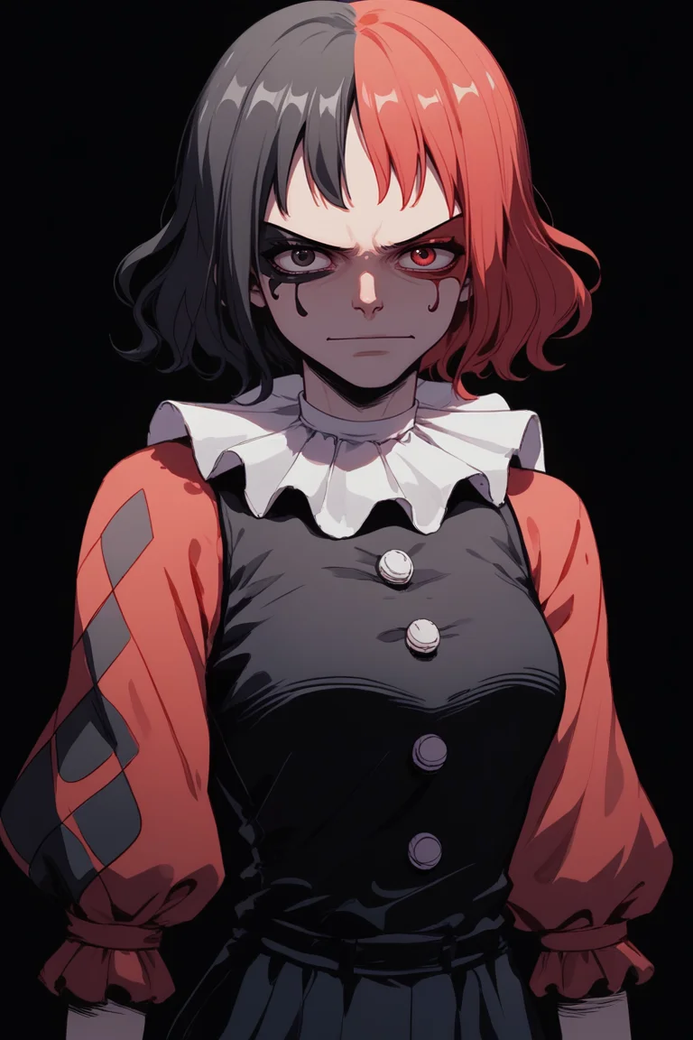 score_9, score_8_up, score_7_up,
<lora:Muff_PDXL-000000:1>, 1girl, split-color hair, half red half black color hair, two colors rhombic makeup, solo,
monkey d. luffy, one piece, 1boy, neck ruff, ruffled collar, two colors argyle sleeve, red sleeve, black romper,
cowboy shot, adult girl, 21 y.o., teen, <lora:Sinozick_Style_XL_Pony:1> sinozick style, dark theme, flat color, black background,
