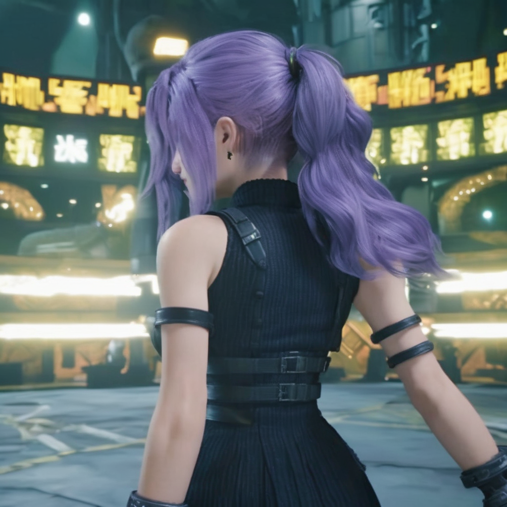 Ultra realistic extremely detailed screencap of a game of a beautiful woman with purple hair wearing a frilly black dress searching for Materia and exploring the open world<lora:ff7 style:1> ff7 style, extremely detailed eyes and facial features, 8k, amazing game composition, cinematic lighting