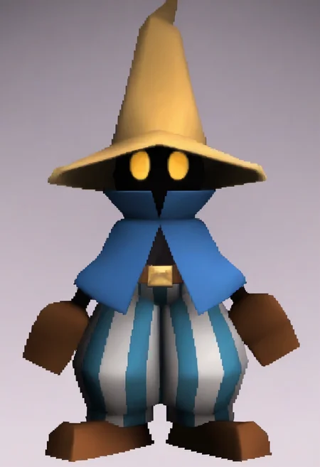 masterpiece, best quality, solo, 1boy, looking at viewer, <lora:FF7-Chibi-illus_Fp:1>, full body, simple background, 3d, <lora:Ziggy-illus_Fp:1>, ziggy, yellow eyes, shaded face, faceless, no mouth, wizard hat, striped pants, cloak, robe, gloves, puffy pants
