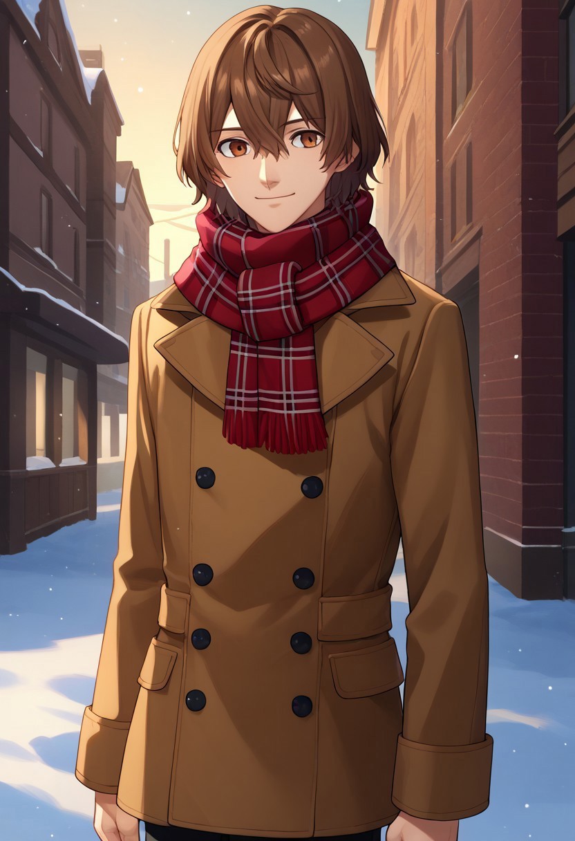 score_9, score_7_up, source_anime 

goro, 1boy, male focus, solo, brown eyes, brown hair, hair between eyes, scarf, plaid, plaid scarf, coat, brown coat, double-breasted, pants, black pants, smile, closed mouth,

outdoor, winter,