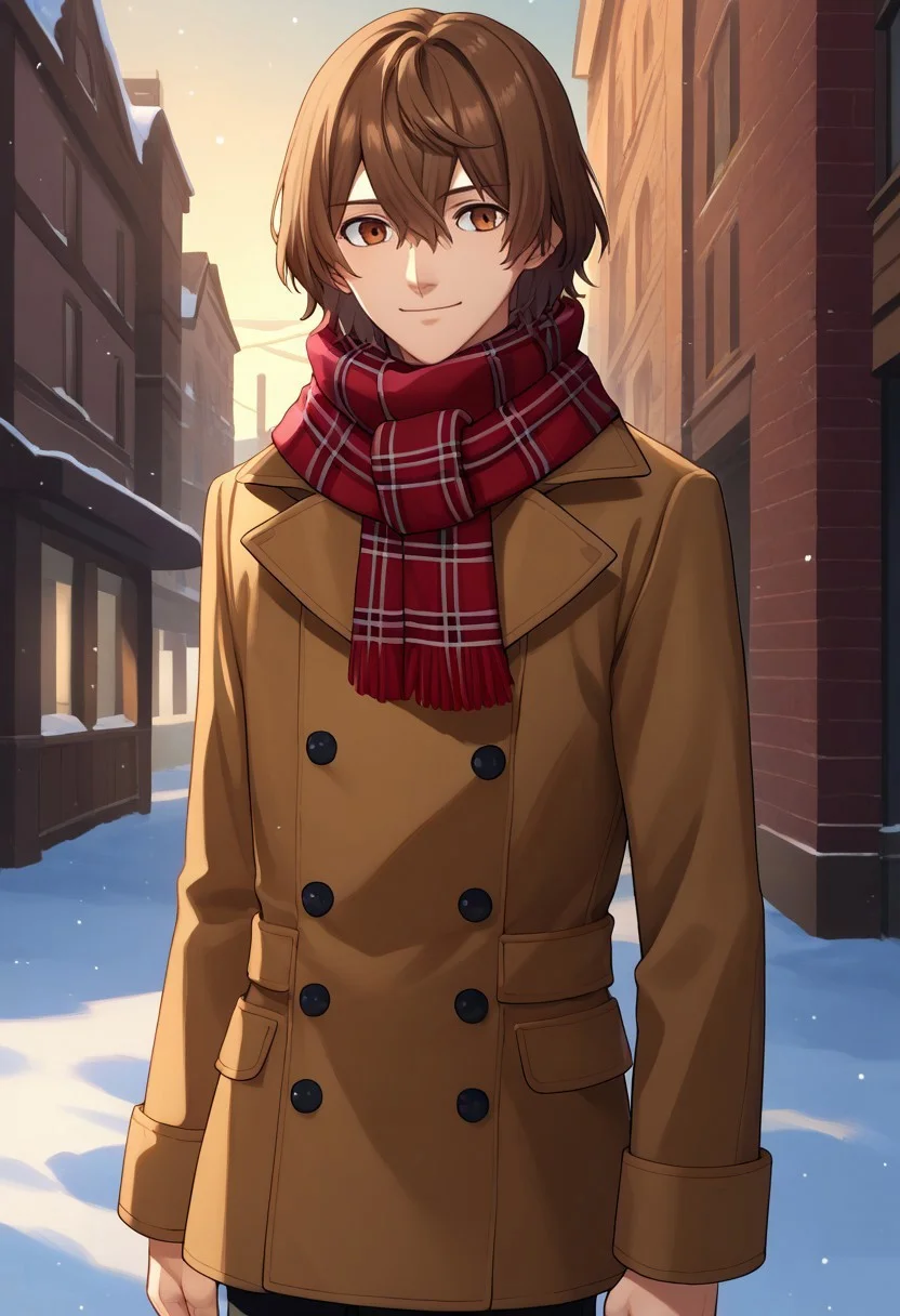 score_9, score_7_up, source_anime
goro, 1boy, male focus, solo, brown eyes, brown hair, hair between eyes, scarf, plaid, plaid scarf, coat, brown coat, double-breasted, pants, black pants, smile, closed mouth,
outdoor, winter,