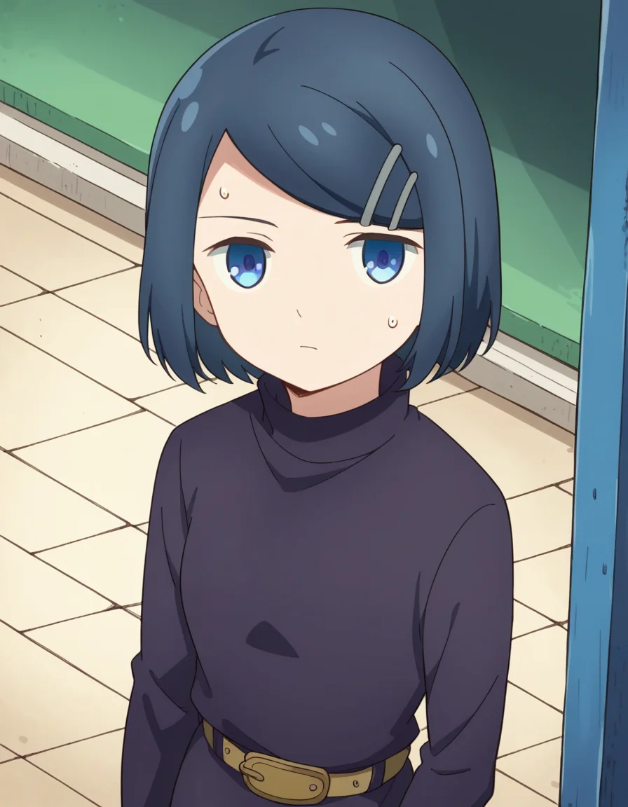 score_9, score_8_up, score_7_up, source_anime, <lora:dungeonpeople-clay-s1-ponyxl-lora-nochekaiser:1>, clay, short hair, blue eyes, black hair, hair ornament, blue hair, hairclip, swept bangs,, dress, belt, long sleeves, turtleneck,, bus stop, waiting, commuter, smartphone, checking time, cold morning, , looking at viewer, from above,, solo,, cowboy shot, dutch angle