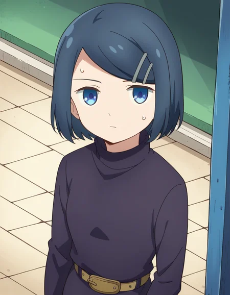 score_9, score_8_up, score_7_up, source_anime, <lora:dungeonpeople-clay-s1-ponyxl-lora-nochekaiser:1>, clay, short hair, blue eyes, black hair, hair ornament, blue hair, hairclip, swept bangs,, dress, belt, long sleeves, turtleneck,, bus stop, waiting, commuter, smartphone, checking time, cold morning, , looking at viewer, from above,, solo,, cowboy shot, dutch angle