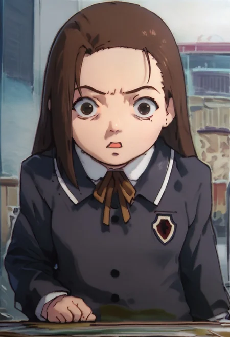 score_9, score_8_up, score_7_up, score_6, source_anime, iwakura mika, (((school uniform))), sitting, chibi, (confused, lost, surprised, open mouth), looking at viewer, front view, empty restaurant room, empty restaurant background