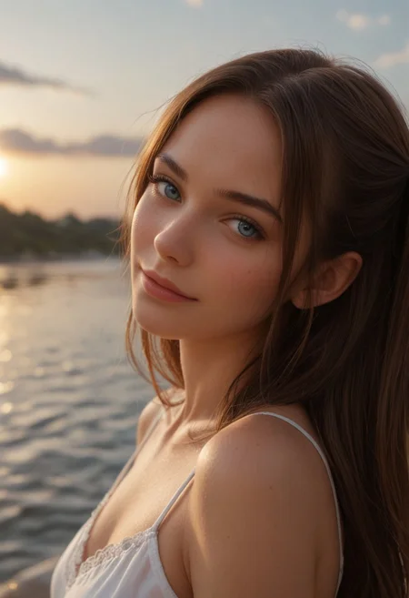 score_9_up, score_8_up, score_7_up, score_6_up, 1girl, 25 years old, perfect face, sexy, (adult:1.2),
side view, detailed face, portrait, face focus, depth of field, looking at viewer, blush, shy smile, close up,
blue eyes,
brown hair, long hair, parted bangs, two side up,
white camisole,
outdoors, water, sky, clouds,