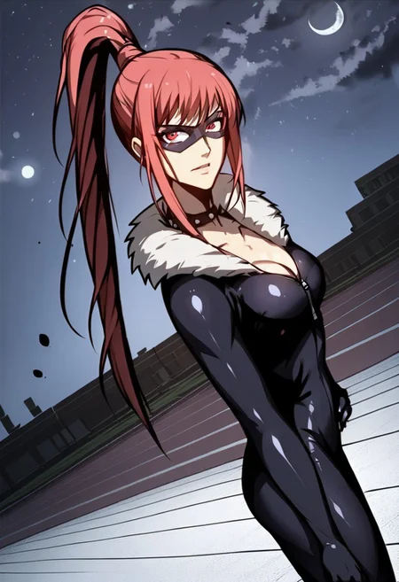 score_9, score_8_up, score_7_up, 1girl, full body, dynamic shot, from high, long legs, solo, dynamic pose, Feng Ling, orange hair, red eyes, medium breast, long hair, ponytail, looking at the viewer, wide hips, ultra detailed, masterpiece, <lora:add-detail-xl:1>, <lora:StS_PonyXL_Detail_Slider_v1.4_iteration_3:4>,
serious looking, cleavage, collarbone, Black cat, mask, bodysuit, domino mask, gloves, choker, collar, superhero, black bodysuit, fur trim, skin tight, zipper, spiked collar, unzipped, black choker, latex, shiny, center opening, thighs, highlegs, looking at viewer, heel boots, standing, outdoors, solo, night, moon, hand on hip, full body, close up, face focus, (portrait), masterpiece, best quality, ultra-detailed, illustration, night sky, front view, side view, <lora:Festive_Bokeh_Anime:.8>,
a board of a cruise ship, night, (cowboy body shot), shadows, dim lighting, looking at viewer, facing viewer, detailed background, masterpiece, best quality, cowboy shot, dutch angle